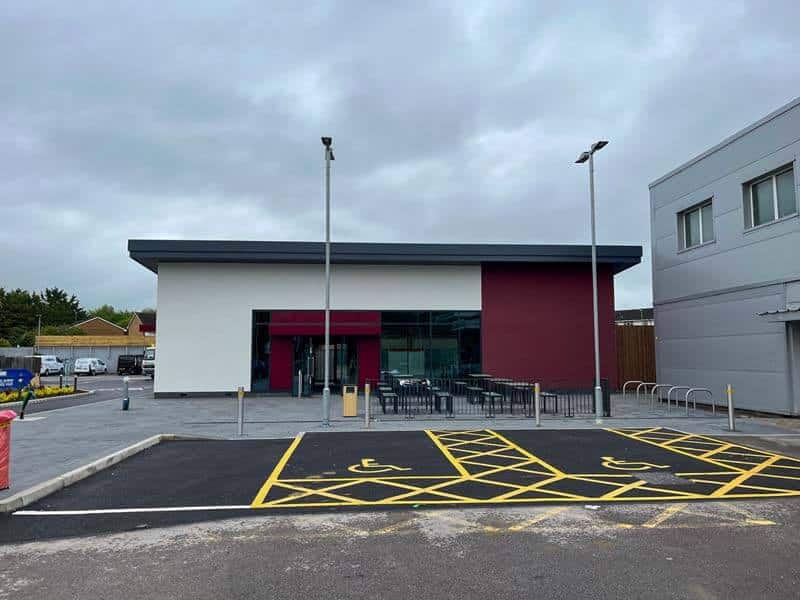 Costa coffee new build commercial unit with disabled parking and surrounding infrastructure.